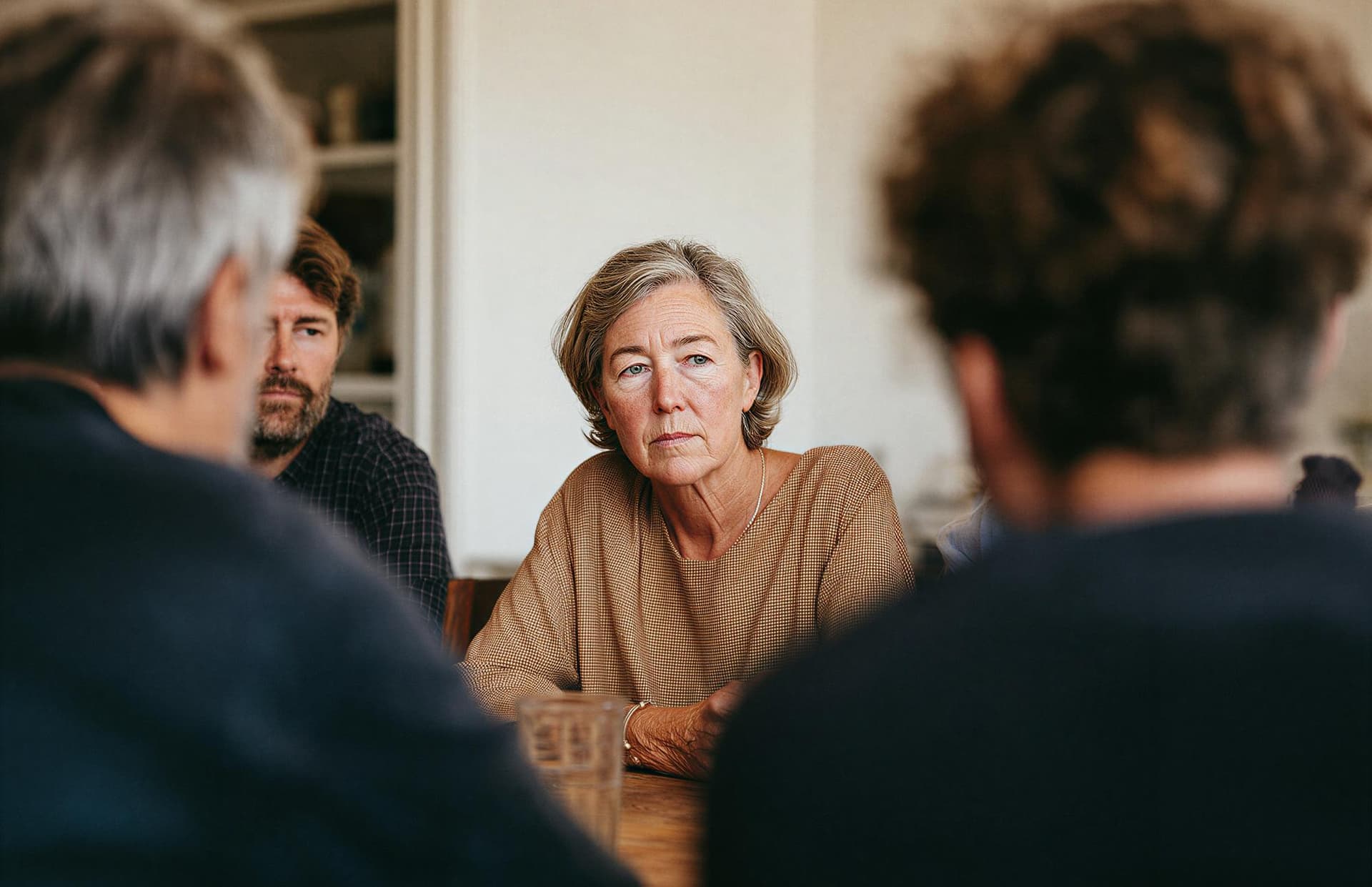 Woman sitting at a desk with 3 men