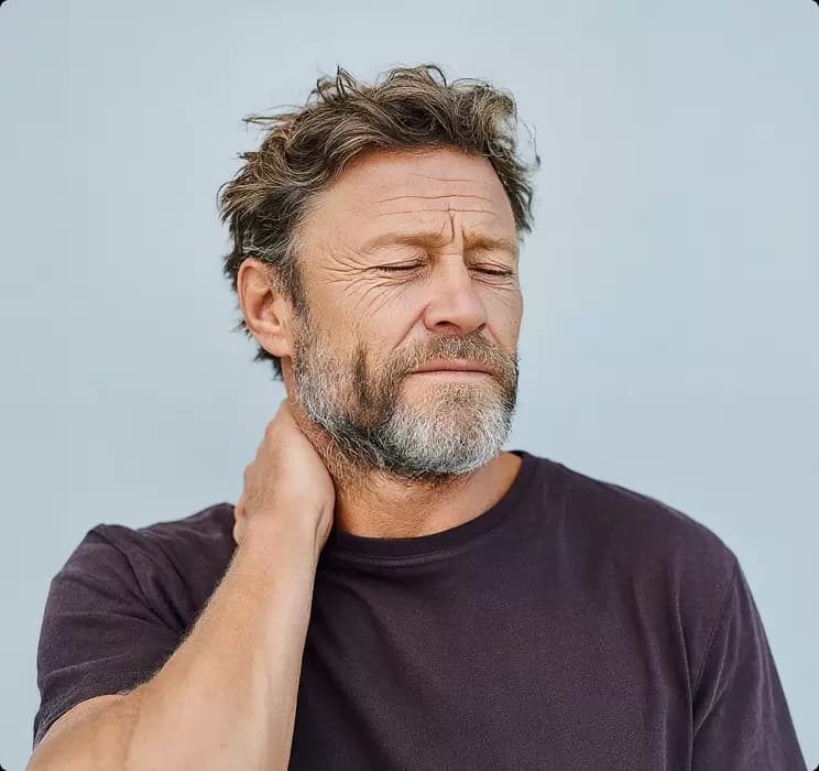 Old man with curly hair and grey beard holding his neck